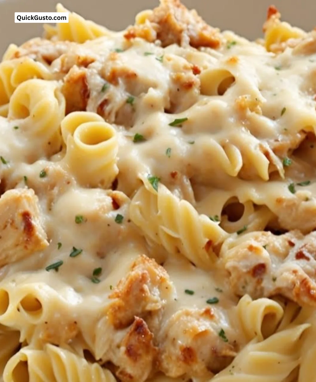 Delicious cheesy chicken pasta topped with herbs and cheese