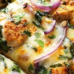 Delicious homemade Chicken Crust Pizza topped with fresh vegetables and cheese