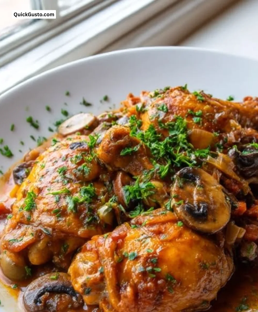 Delicious Chicken Marengo served with herbs and tomatoes on a rustic plate.