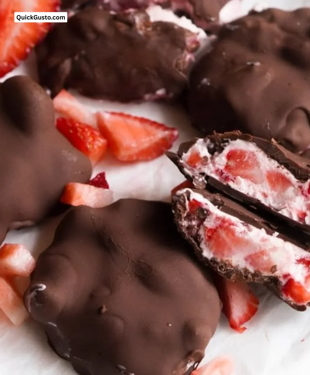 Chocolate Strawberry Yogurt Clusters with chocolate coating and strawberry yogurt