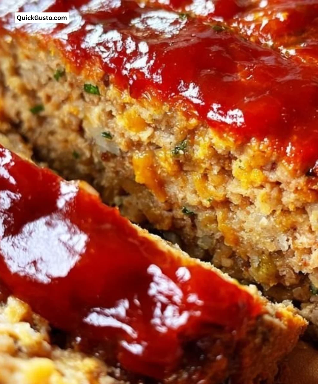 Classic meatloaf made with ground beef and savory seasonings, served on a plate.
