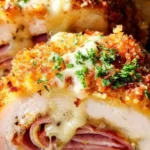 Cordon Bleu Chicken dish with crispy golden crust, ham, and melted cheese