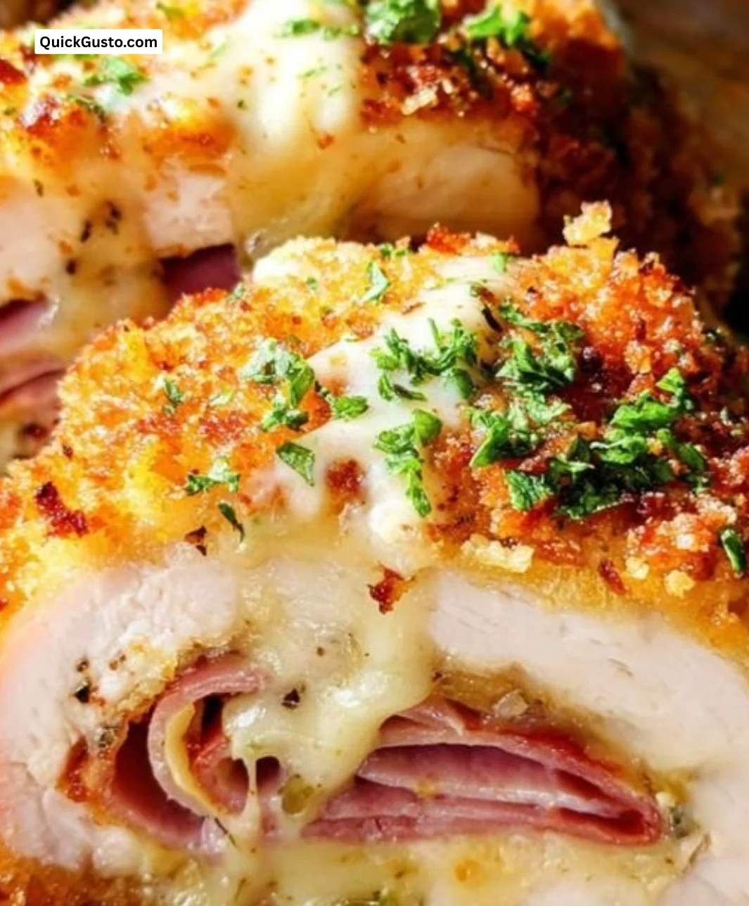 Cordon Bleu Chicken dish with crispy golden crust, ham, and melted cheese