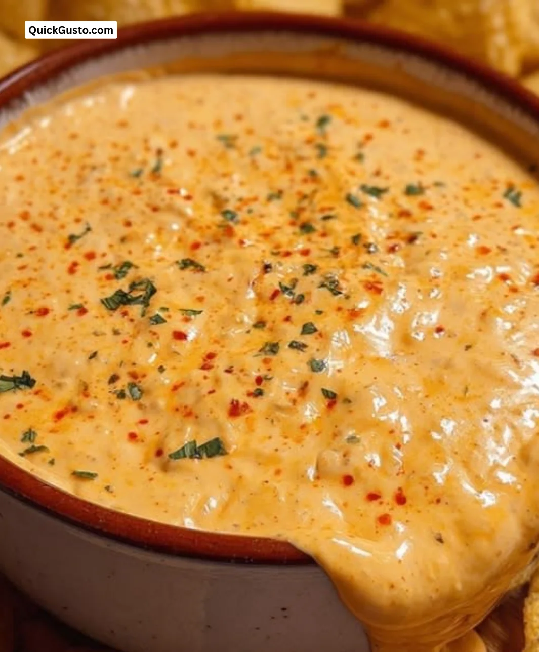 Bowl of creamy cottage cheese queso served with tortilla chips