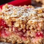 Cozy Amish Oatmeal Rhubarb Bars topped with crunchy crumb topping