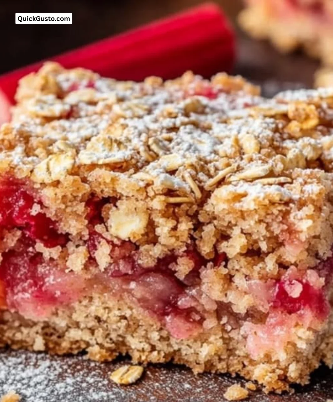 Cozy Amish Oatmeal Rhubarb Bars topped with crunchy crumb topping