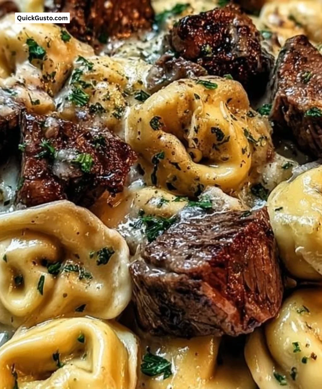 Delicious Garlic Steak Tortellini in Creamhouse Sauce served in a cozy dish