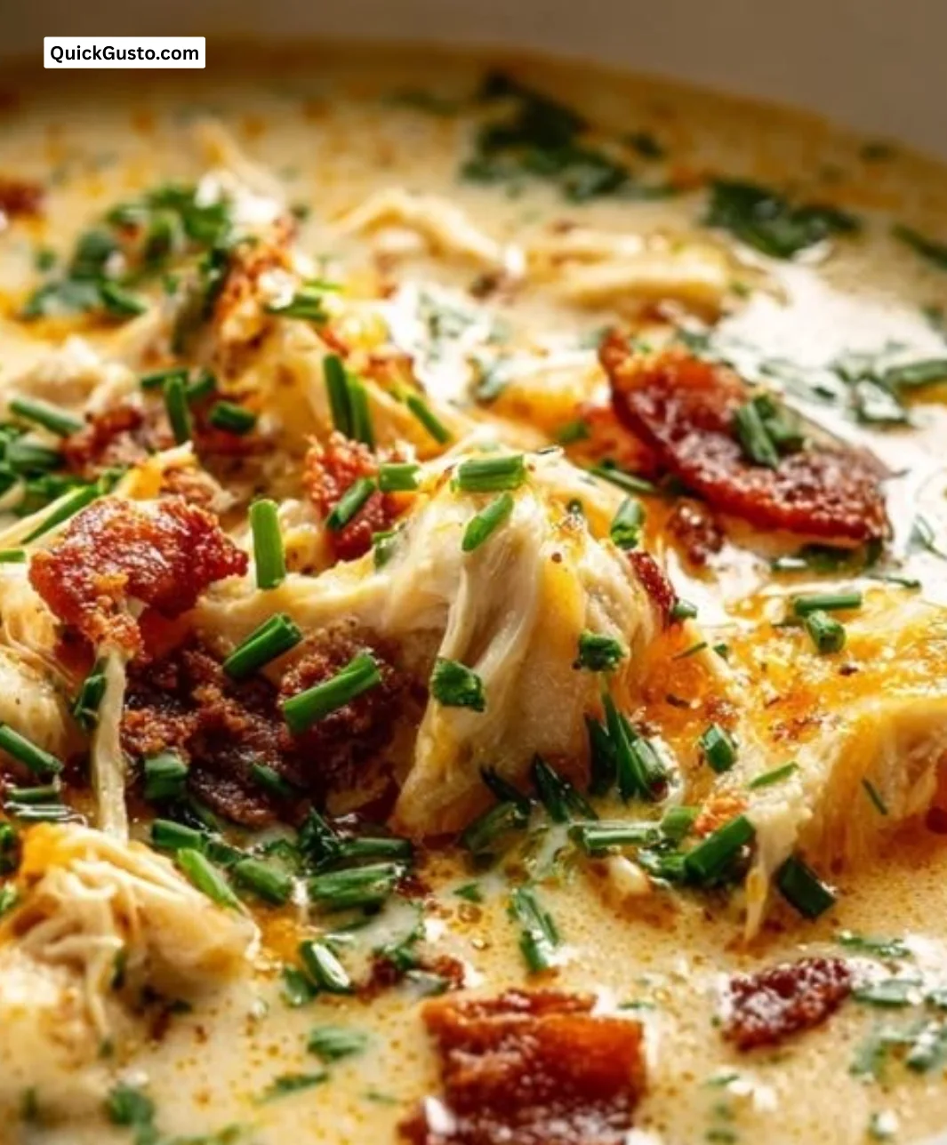 Bowl of creamy Crack Chicken Soup with cheese topped with herbs and spices.