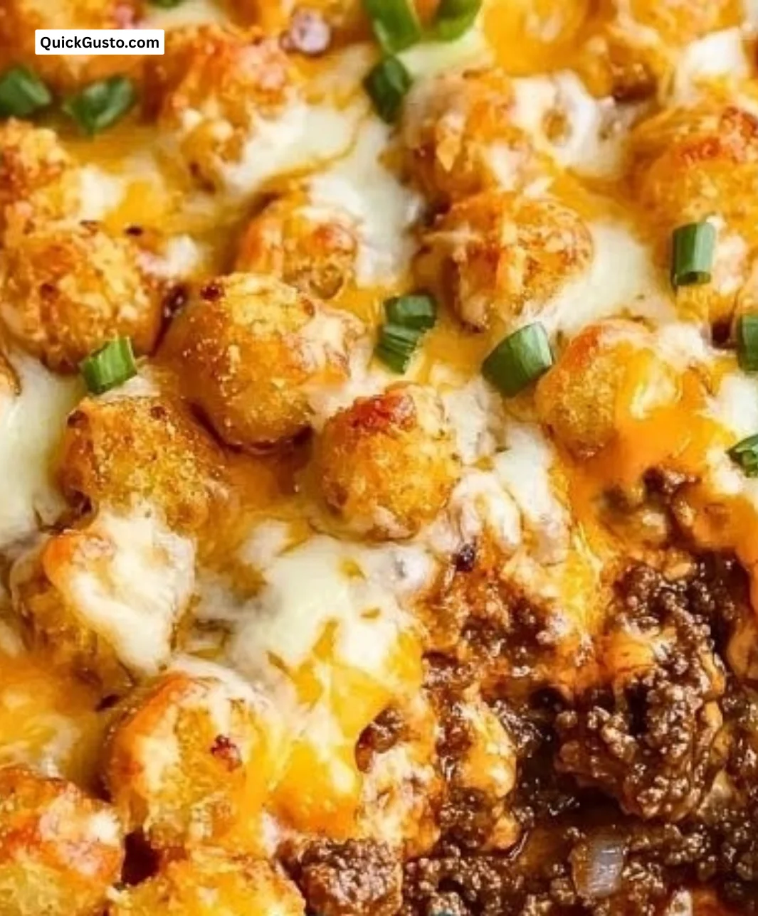 Creamy Cheeseburger Tater Tot Casserole topped with golden tater tots and cheese