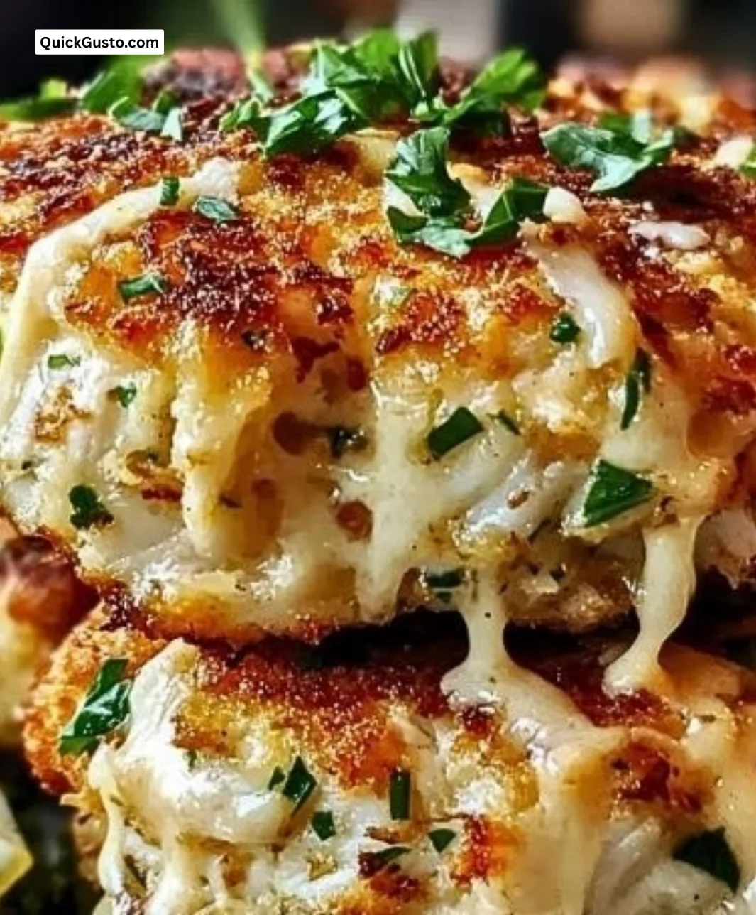 Plate of crispy cheddar bay crab cakes garnished with herbs.