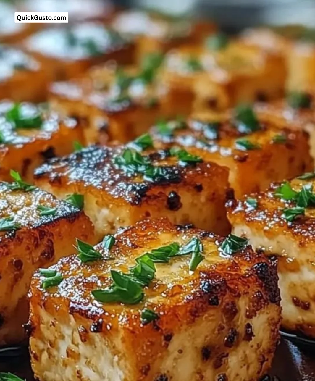 Crispy garlic butter tofu bites, golden and flavorful, served on a wooden platter.