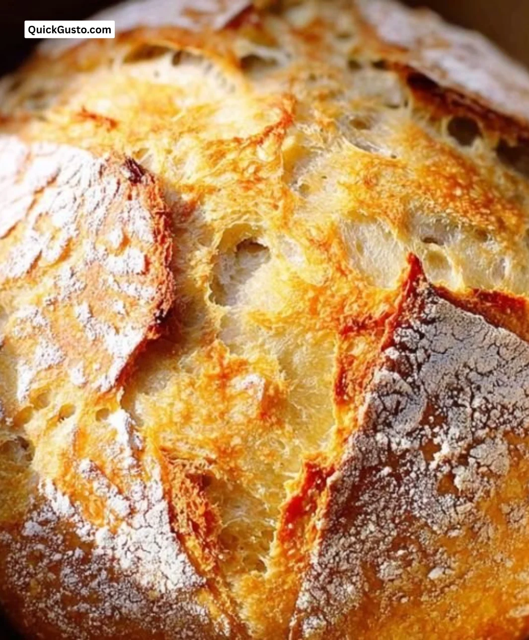 Loaf of crusty no knead bread baked in a Dutch oven