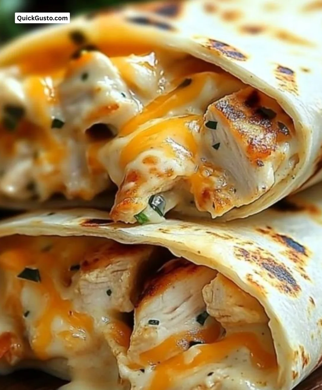 Delicious easy cheesy garlic chicken wraps with fresh ingredients