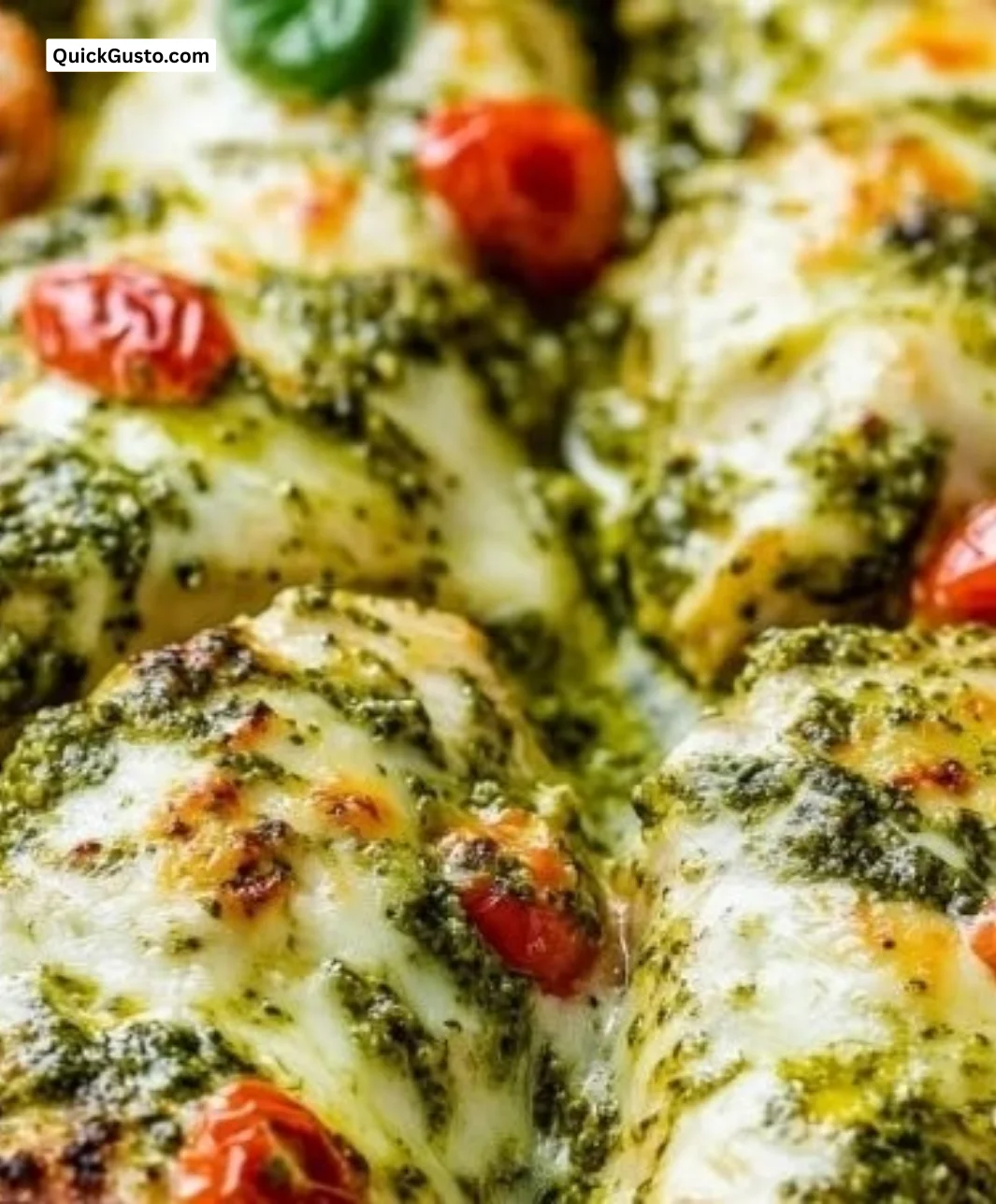 Creamy and crispy Easy Pesto Chicken Bake served for dinner