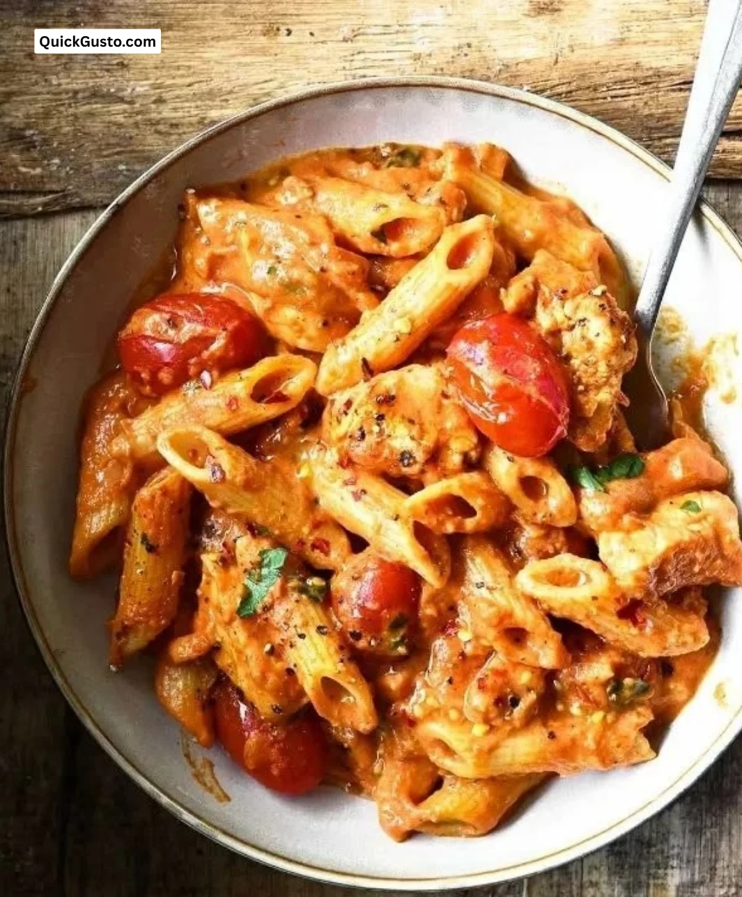 A bowl of Fiery Penne Arrabbiata with fresh herbs and chili flakes
