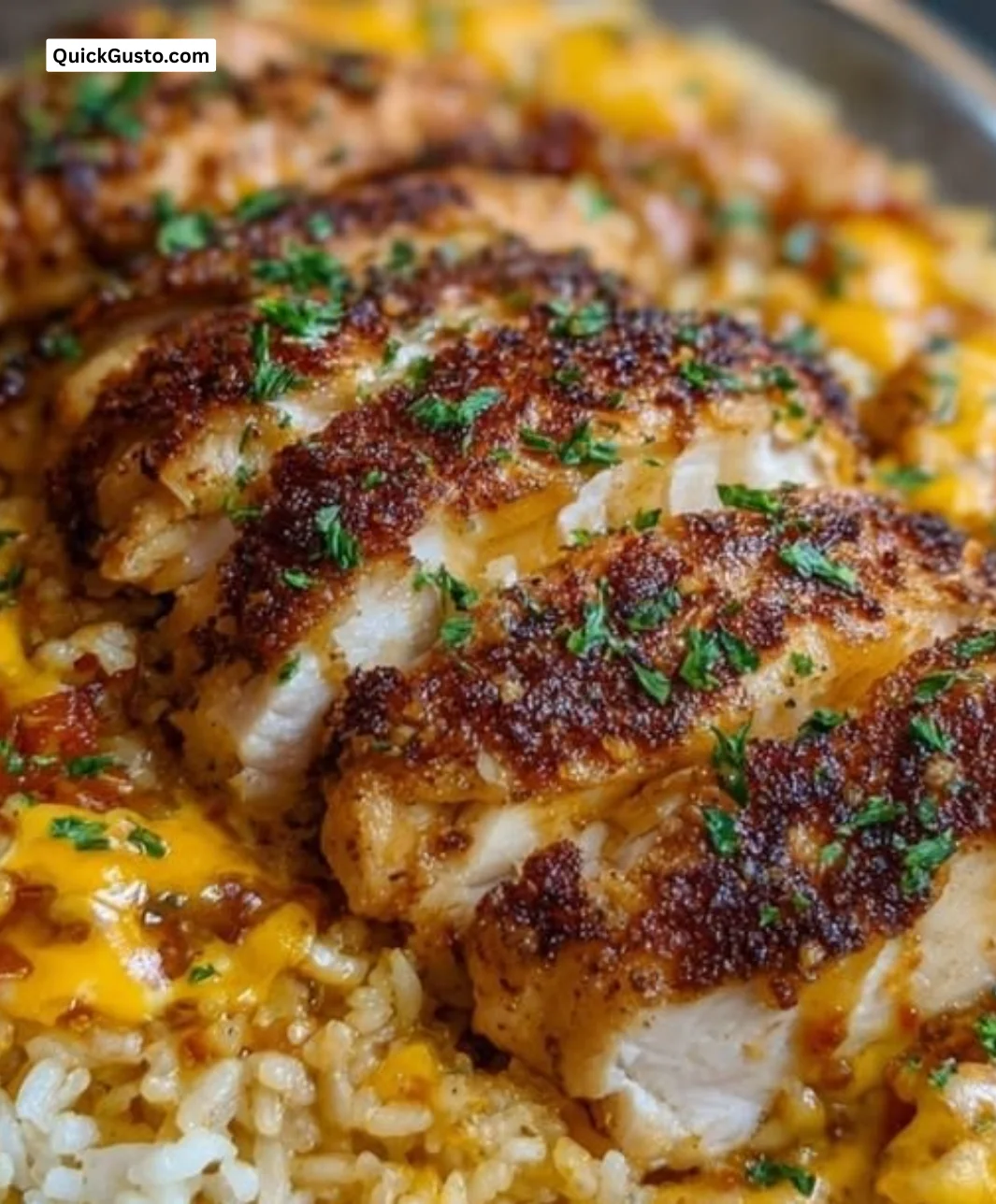 Delicious Forgotten Chicken and Rice garnished with herbs on a plate.