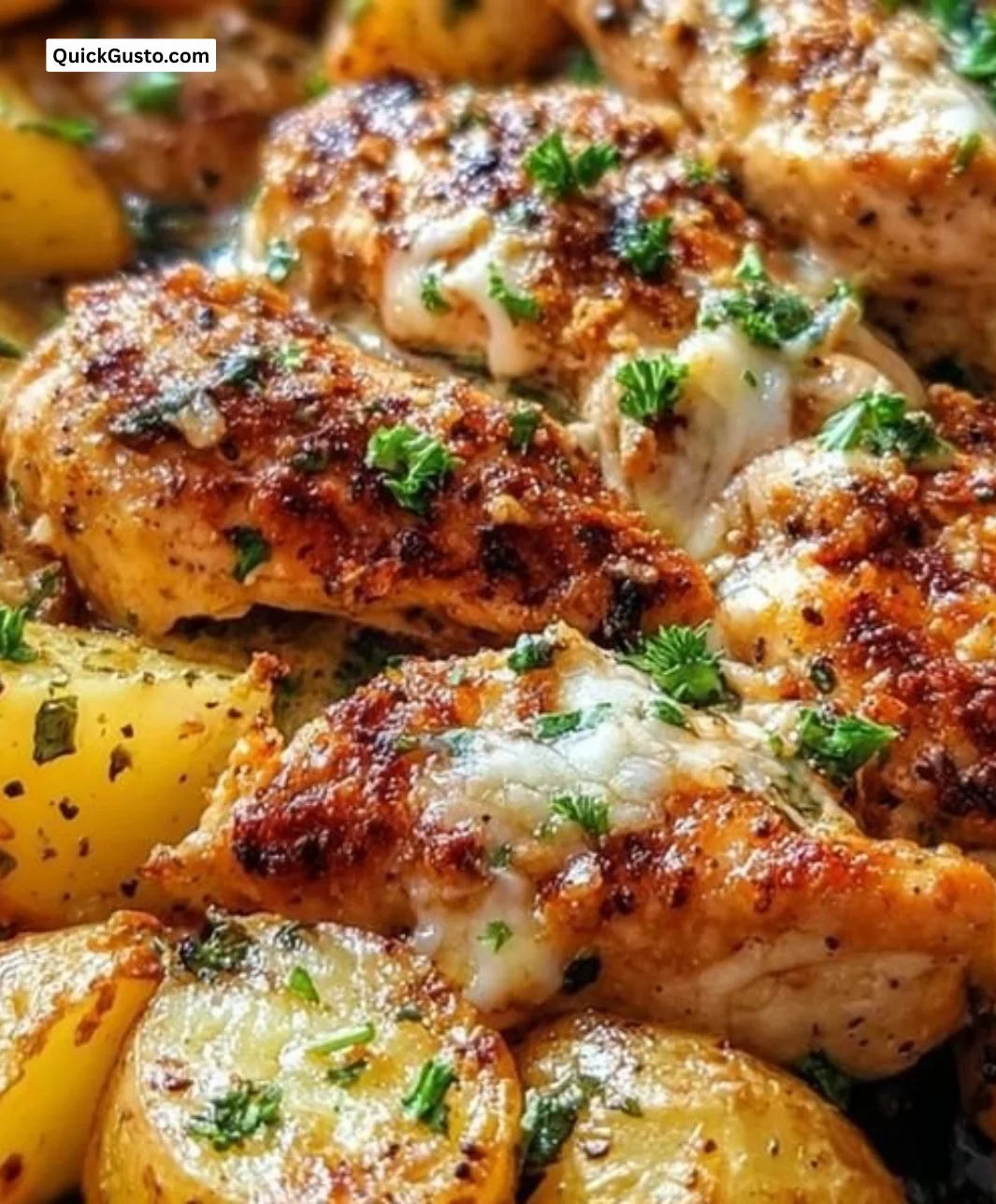 Delicious Garlic Parmesan Chicken served with roasted potatoes