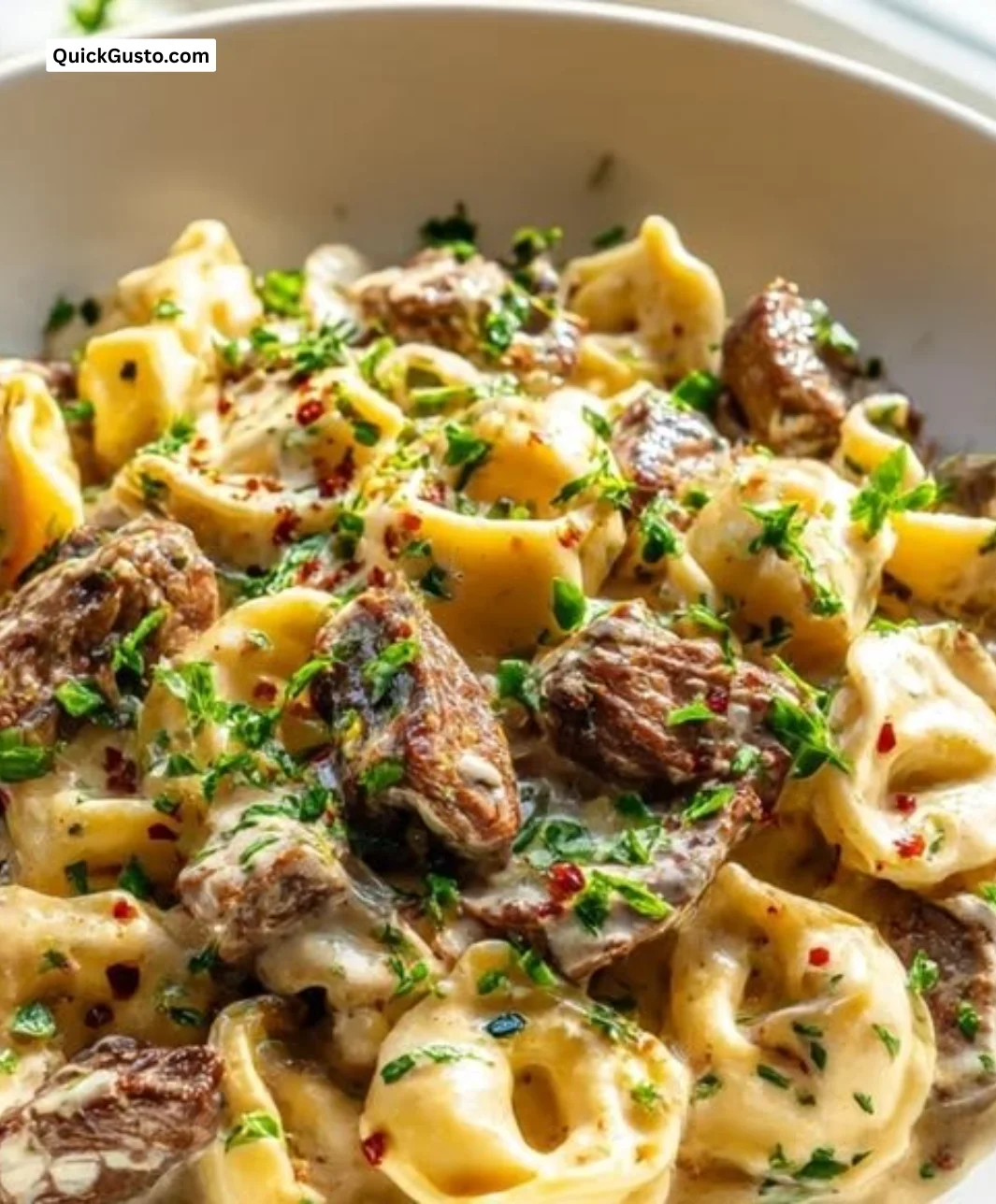 Garlic Steak Tortellini Skillet with cheese and herbs