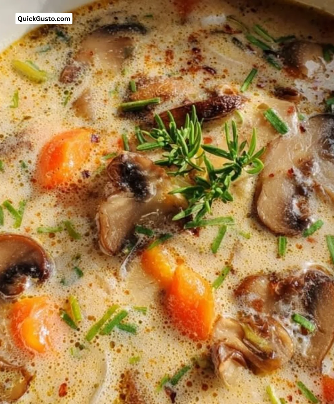 Gordon Ramsay's silky mushroom soup garnished with fresh herbs in a bowl
