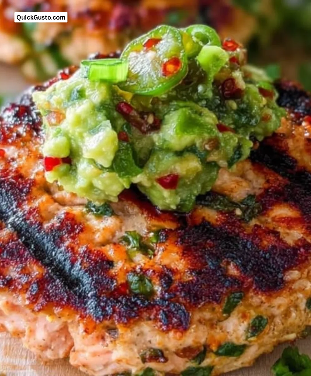 Grilled salmon burgers served with avocado salsa on a plate