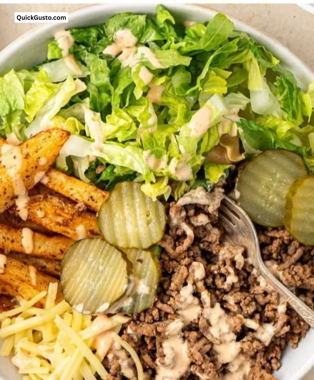 Healthy burger bowls topped with special sauce and fresh ingredients