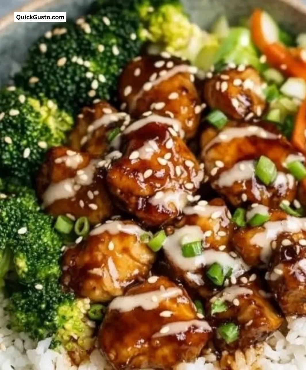 Delicious and healthy sticky chicken rice bowls topped with fresh vegetables