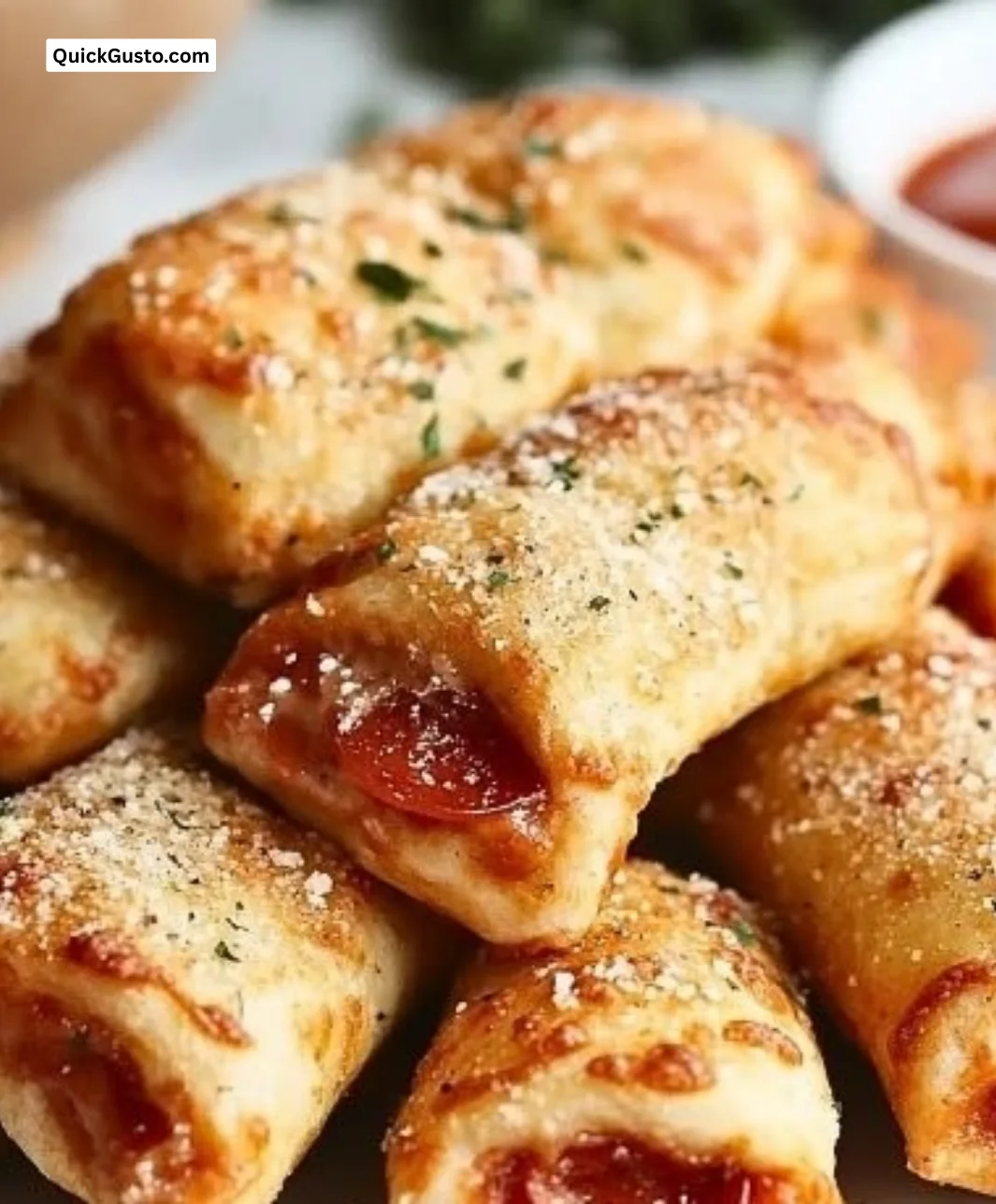 Delicious high-protein pepperoni pizza rolls on a plate
