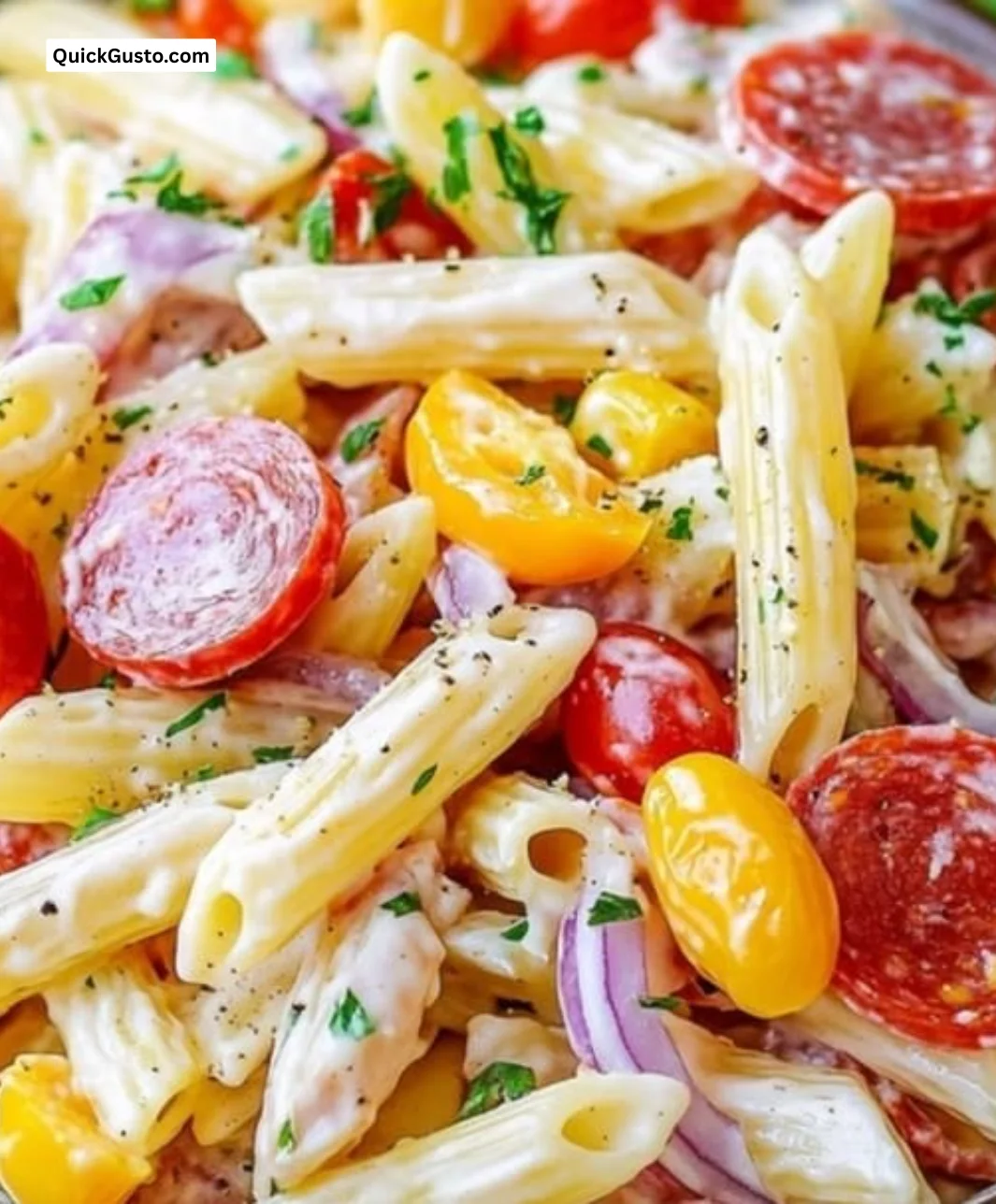 Italian Grinder Pasta Salad with fresh vegetables and savory dressing
