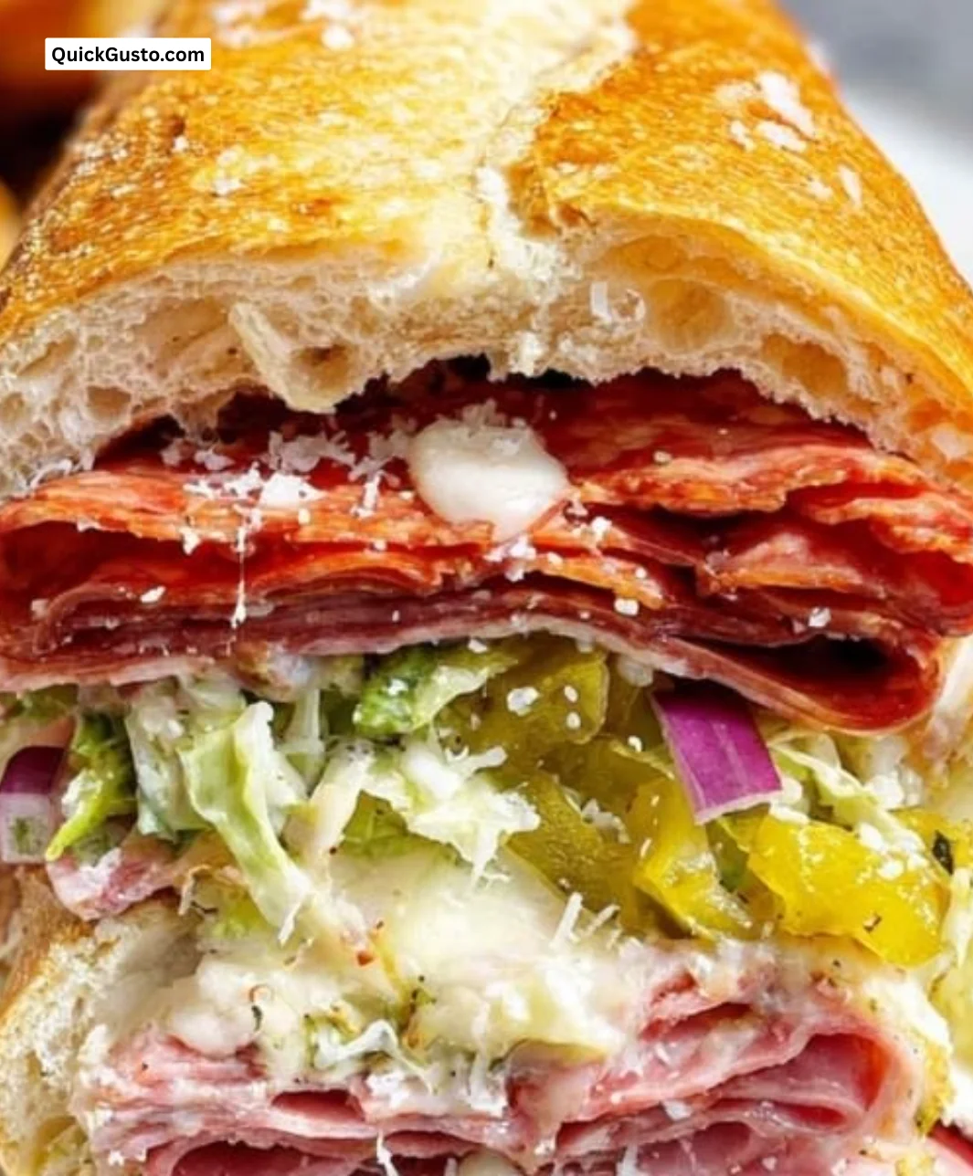 Italian Grinder Salad Sandwich featuring fresh veggies and salami on a sub roll.
