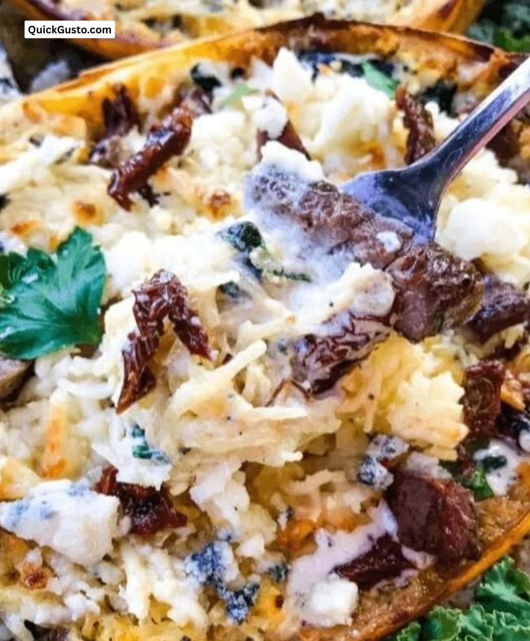 Keto Alfredo with steak and gorgonzola served over spaghetti squash