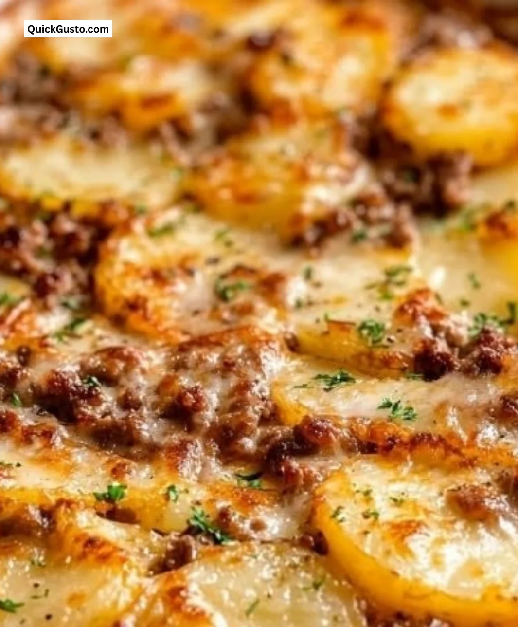 Layered scalloped potatoes and hamburger casserole dish served in a baking tray.