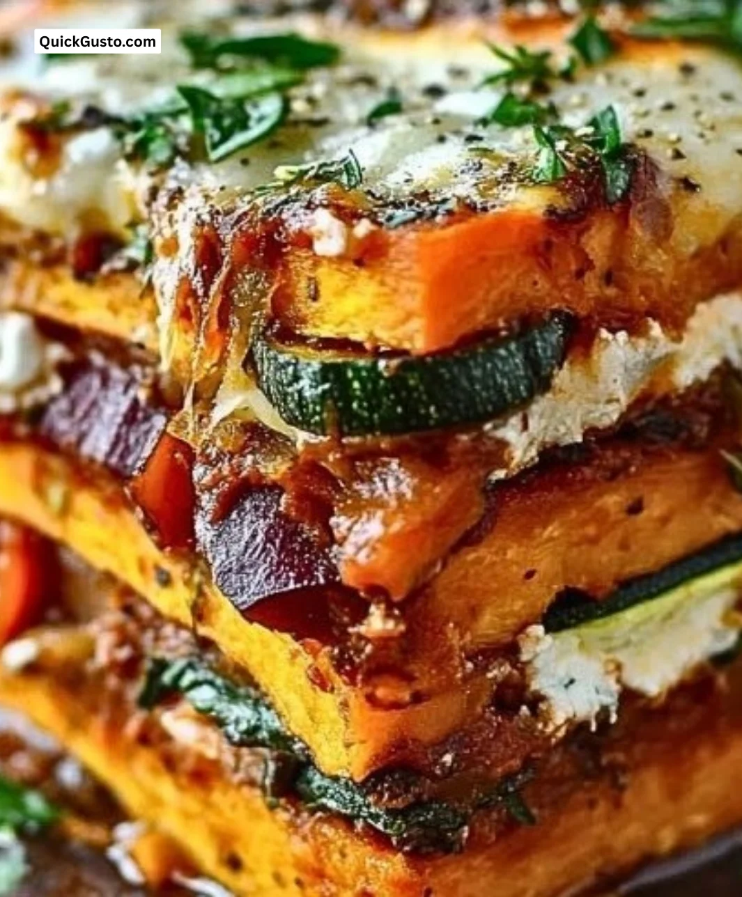 Layered sweet potato veggie lasagna with fresh ingredients and cheese
