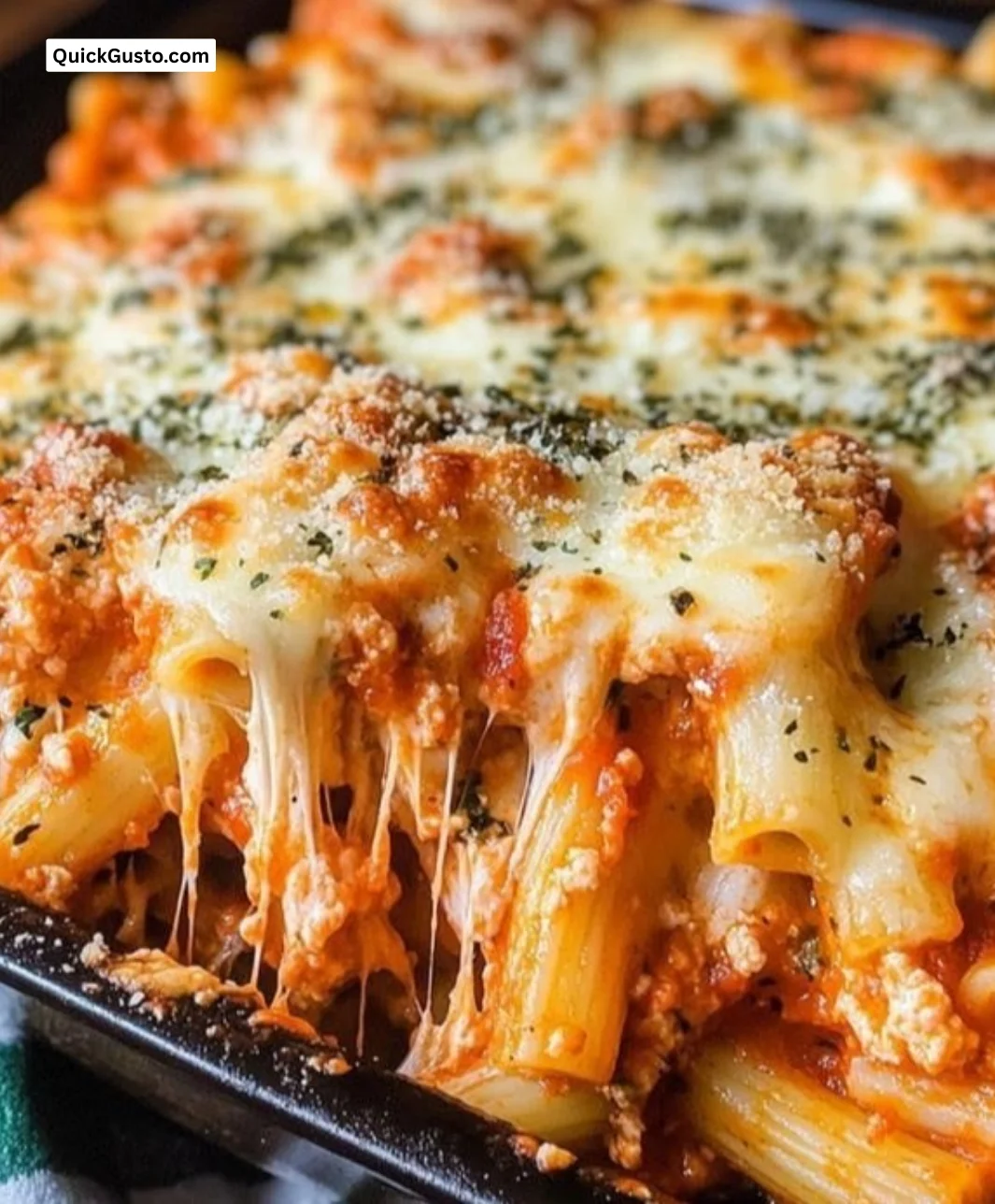 Delicious Million Dollar Baked Ziti topped with melted cheese and herbs