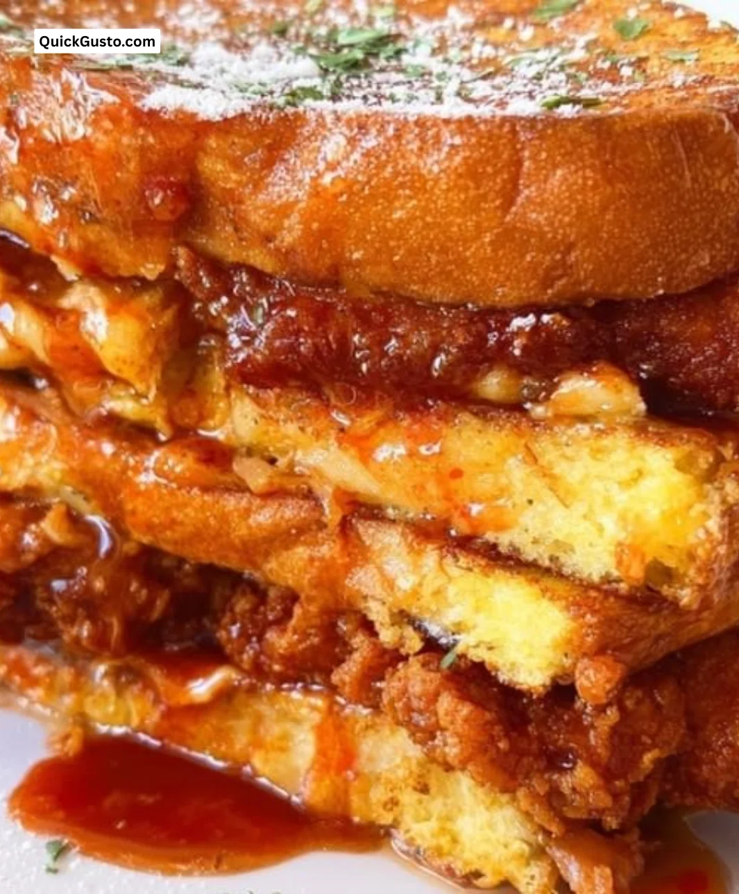 Delicious French toast fried chicken sandwich with crispy chicken and syrup drizzle.