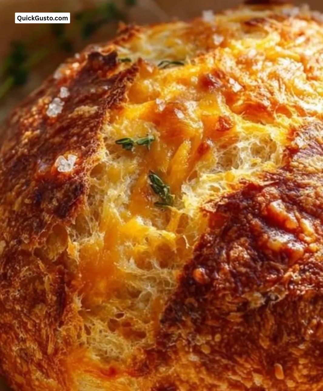 Delicious no-knead cheddar bread loaf with a golden crust and soft interior.