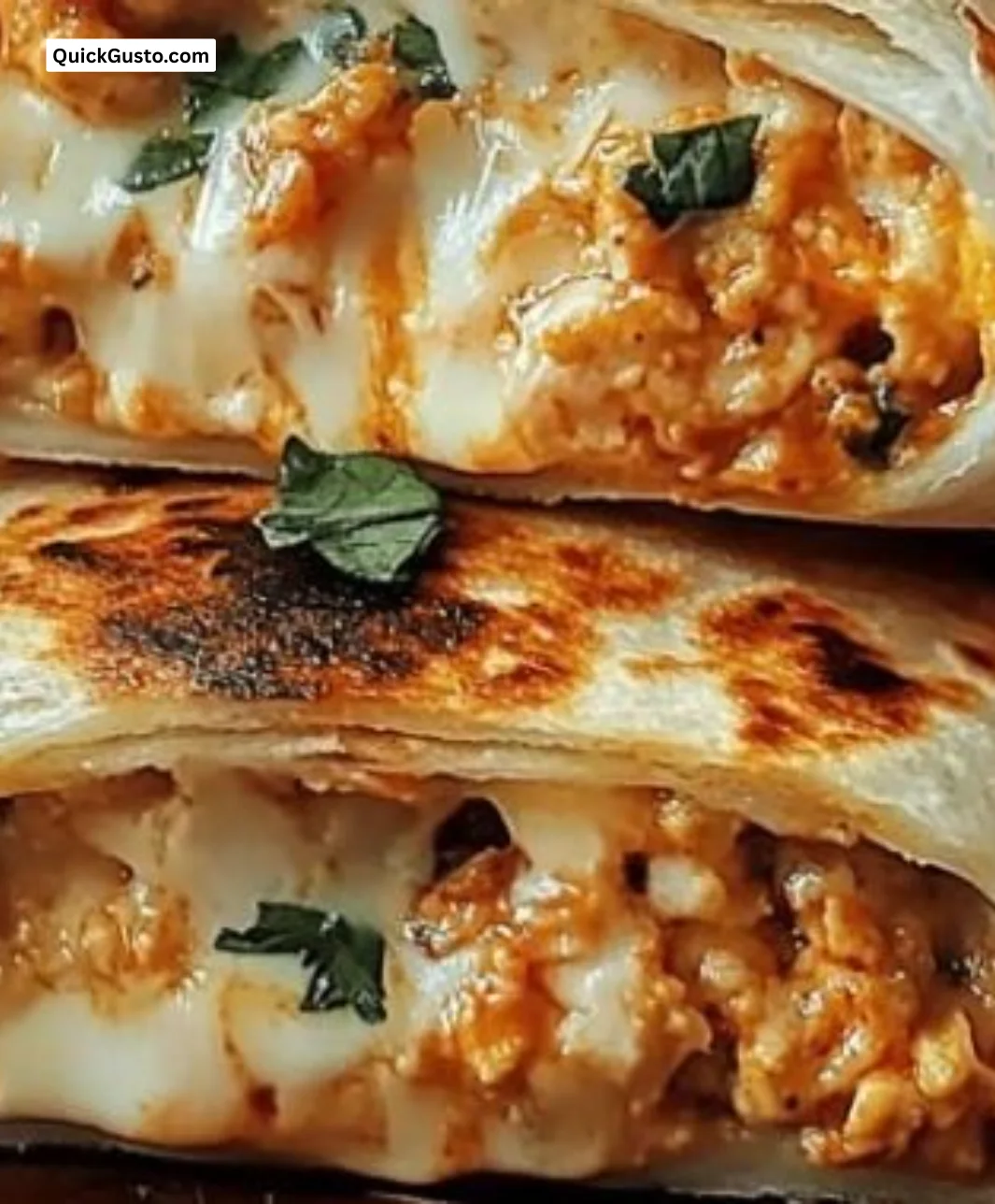 Ooey-gooey cheesy garlic chicken wraps served on a plate