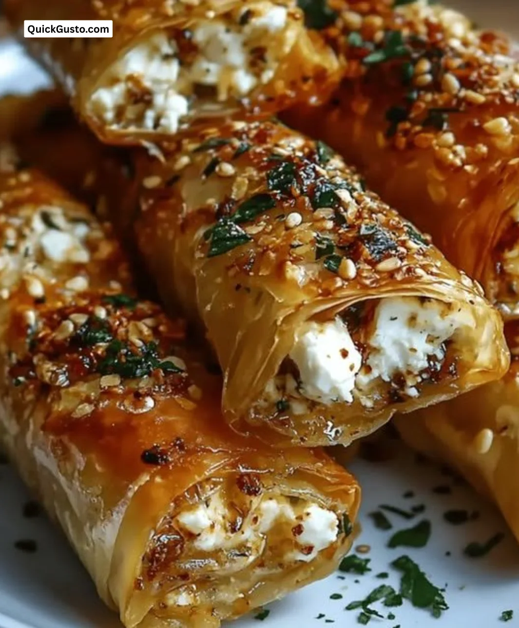 Oven fried feta rolls with chili honey drizzle served on a plate.