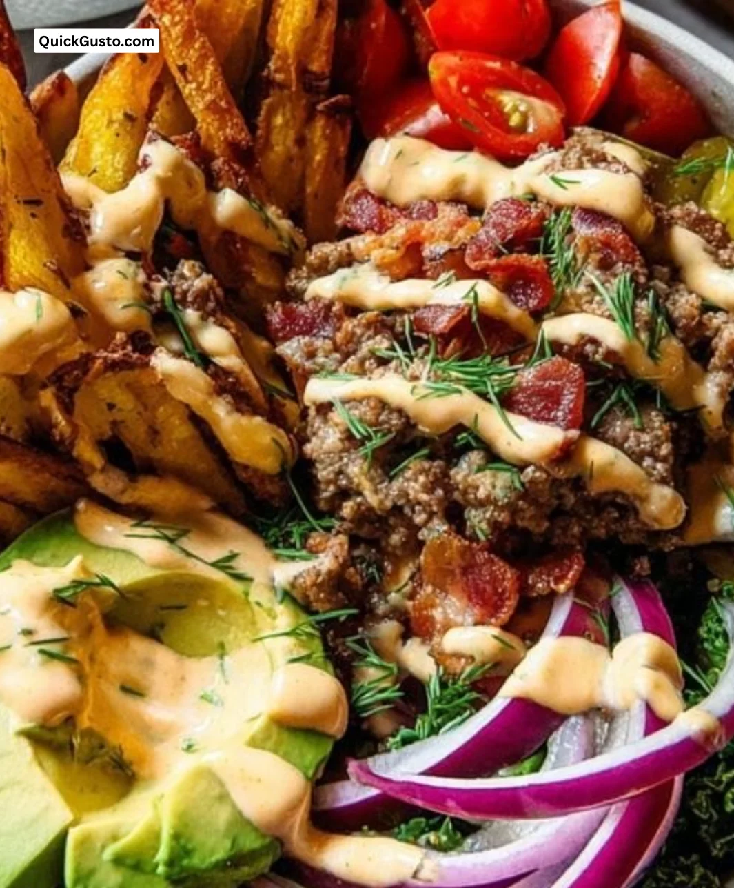 Paleo Burger Bowl with fries, a healthy Whole30 meal option.