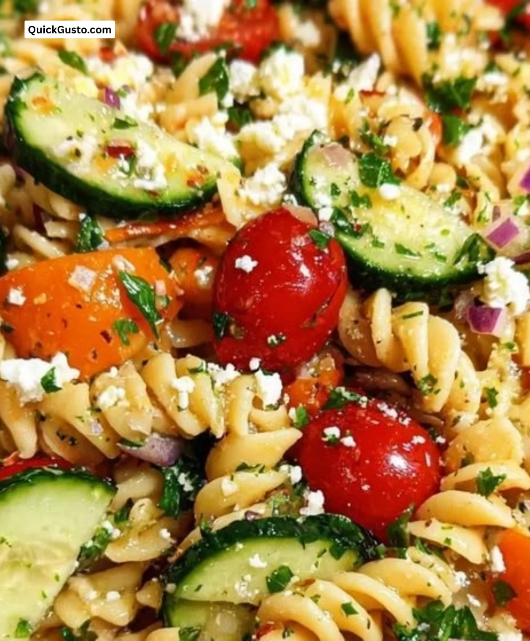 Colorful and fresh pasta salad with vegetables and herbs