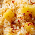 Bowl of flavorful pineapple rice garnished with fresh herbs