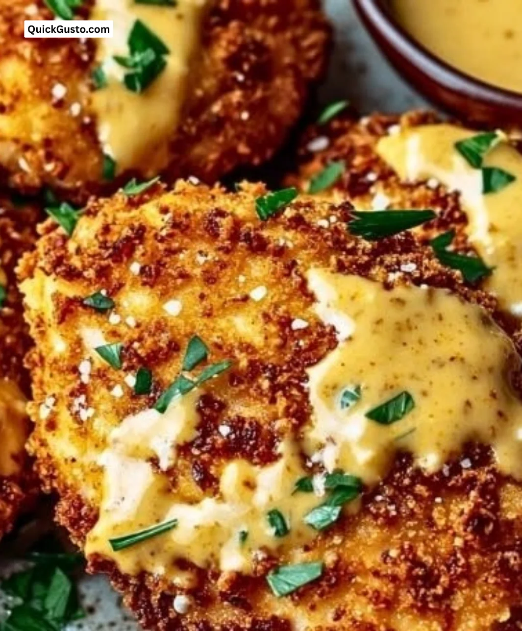 Pretzel Chicken with Mustard-Cheddar Sauce plated beautifully