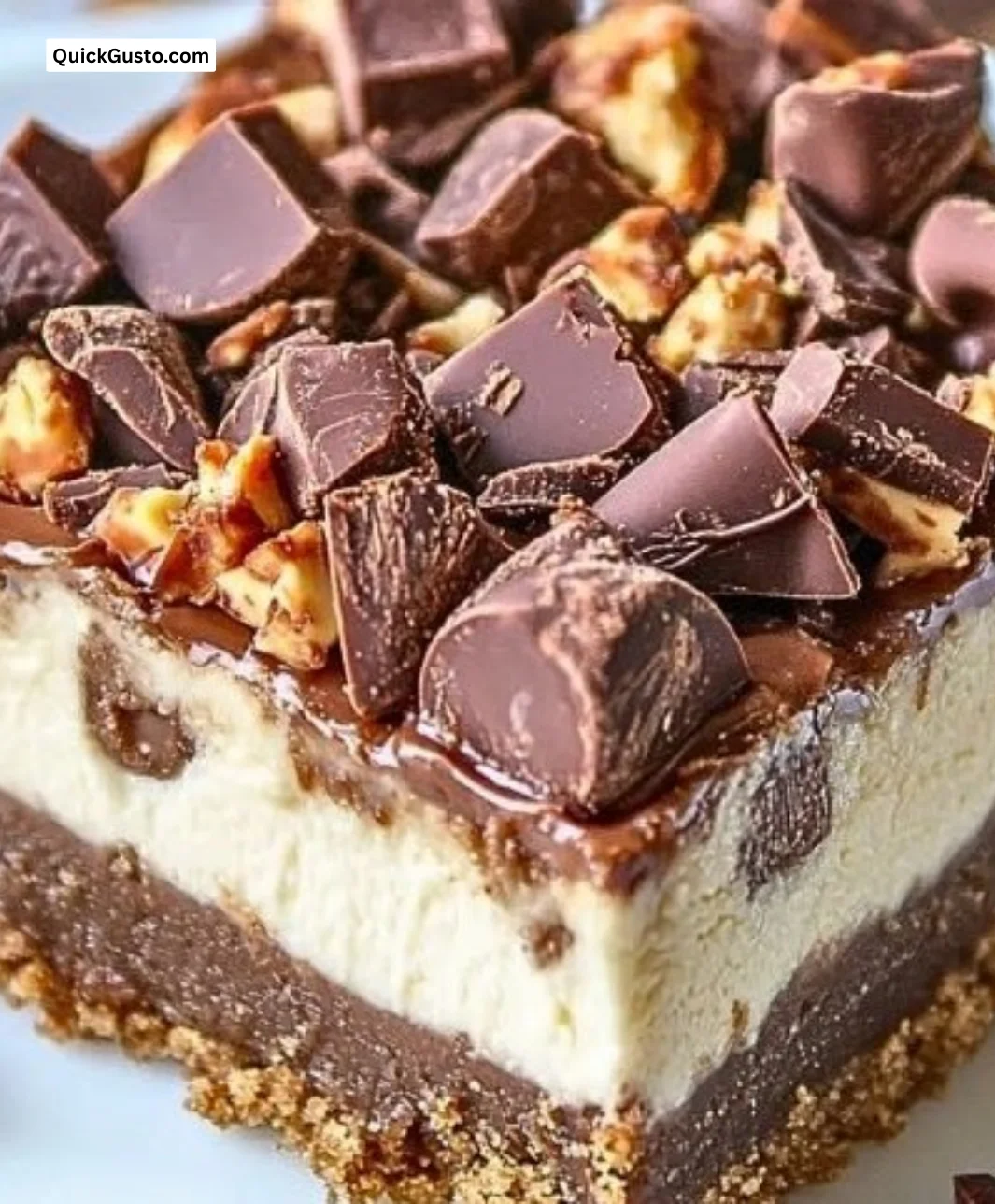 Delicious Reese's cheesecake bars topped with chocolate and peanut butter