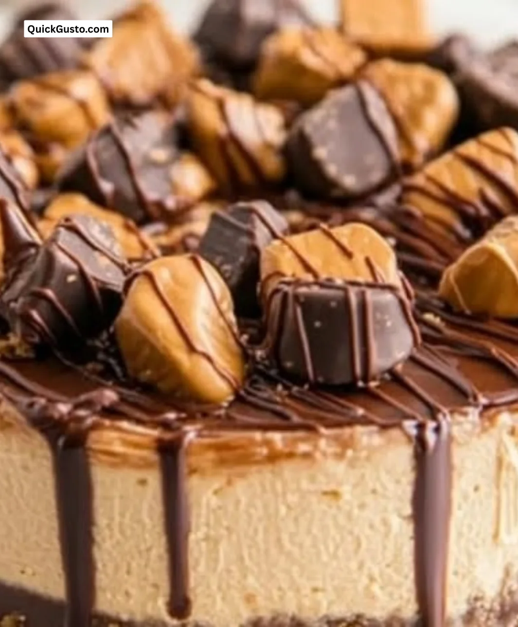 Delicious Reeses Peanut Butter Cheesecake topped with chocolate and peanut butter