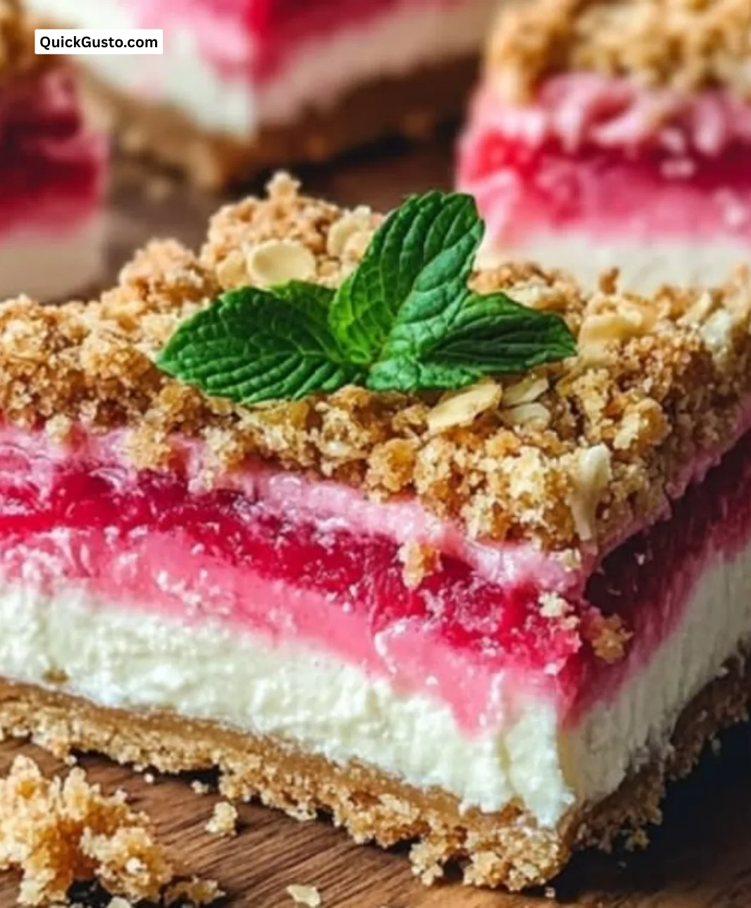 Delicious rhubarb cheesecake squares garnished with fresh rhubarb