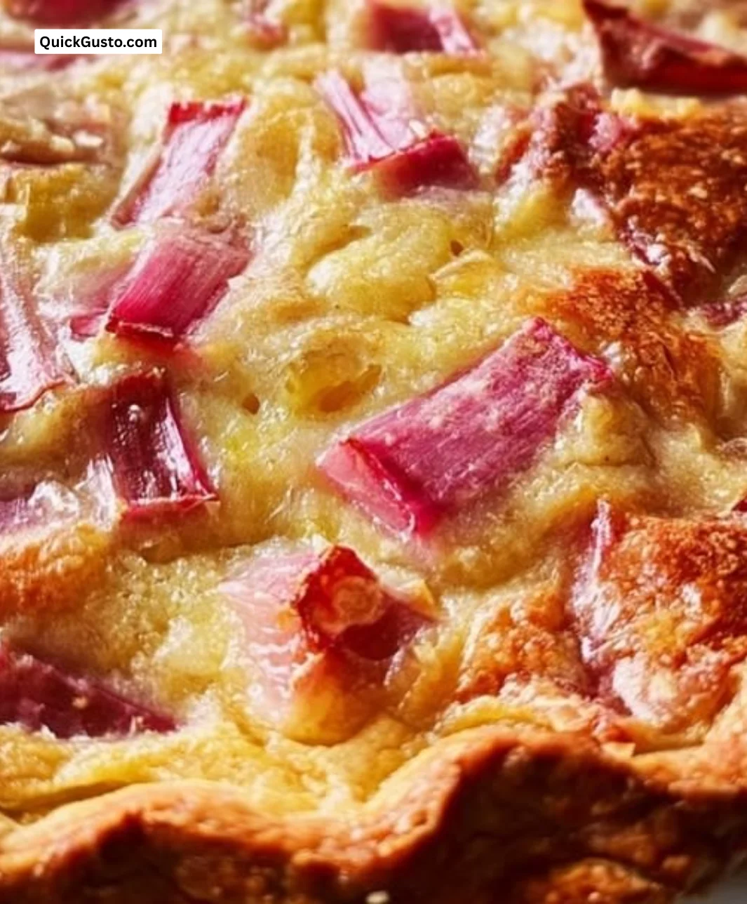 Delicious rhubarb custard pie slice on a plate with fork