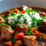 Delicious bowl of rich and savory beef goulash served with fresh herbs