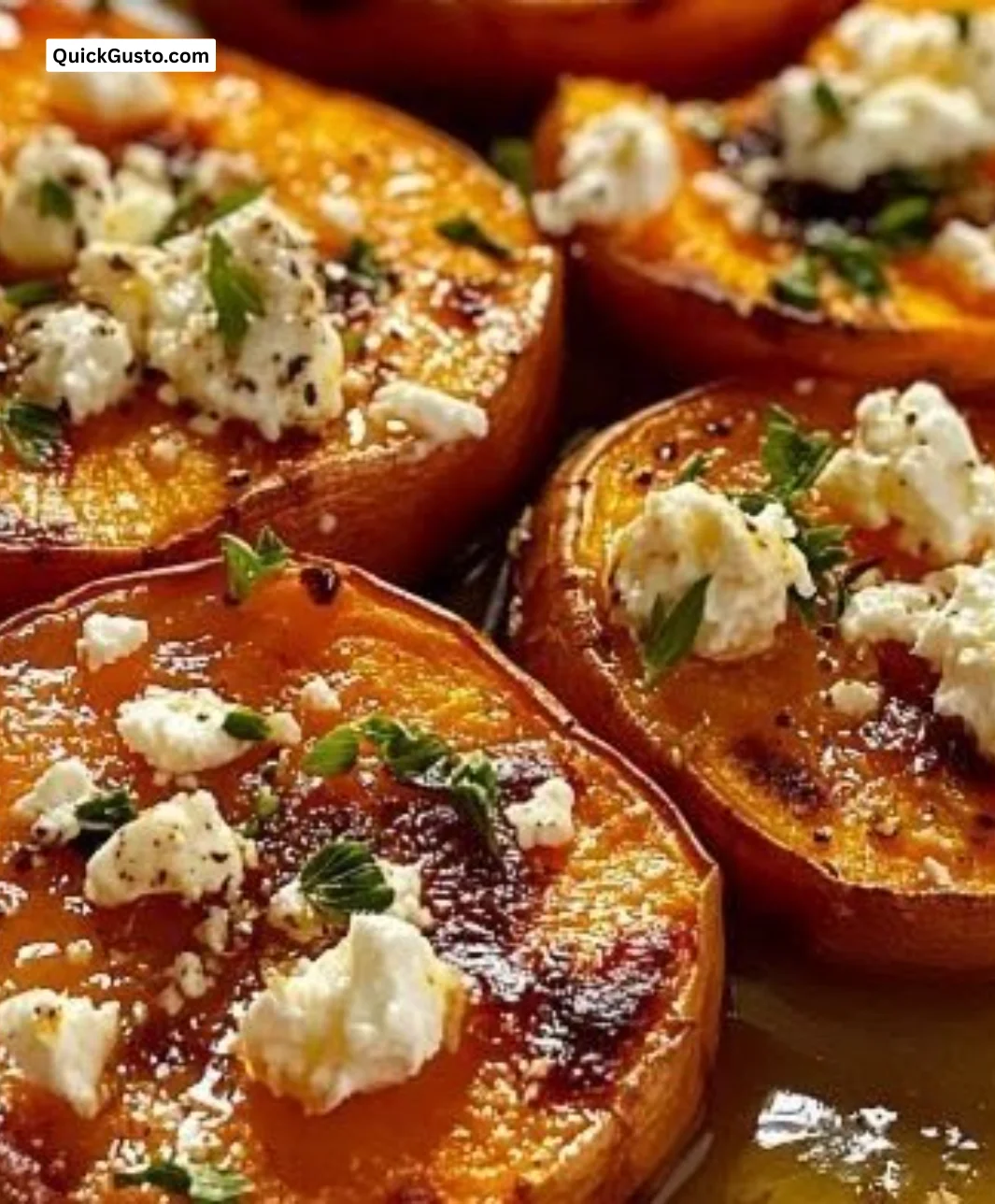 Roasted sweet potato rounds drizzled with honey and topped with feta and thyme.