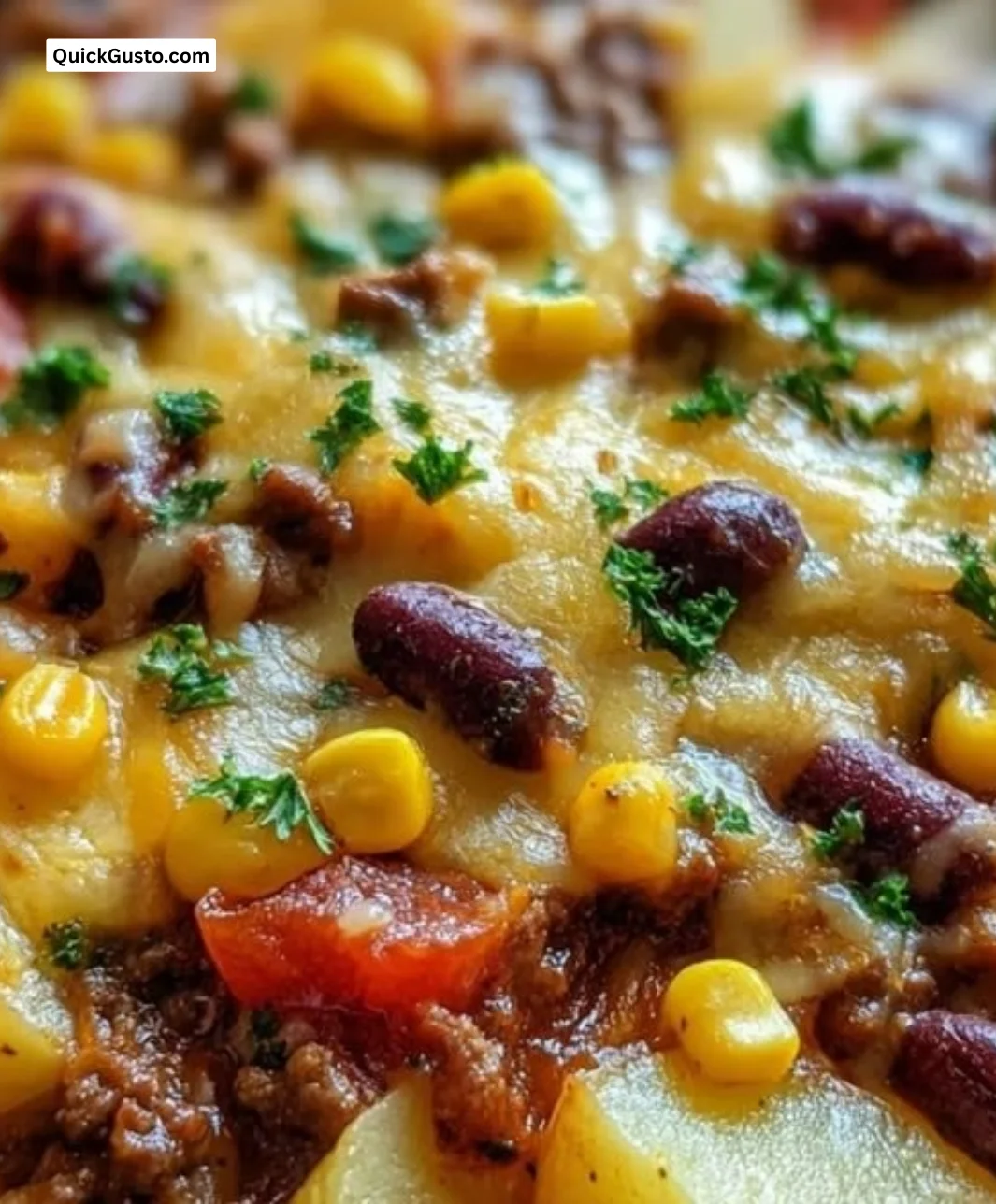 Slow Cooker Cowboy Casserole filled with ground beef, beans, and cheese in a rustic dish.