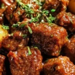 Slow Cooker Garlic Butter Beef Bites served with flavorful potatoes