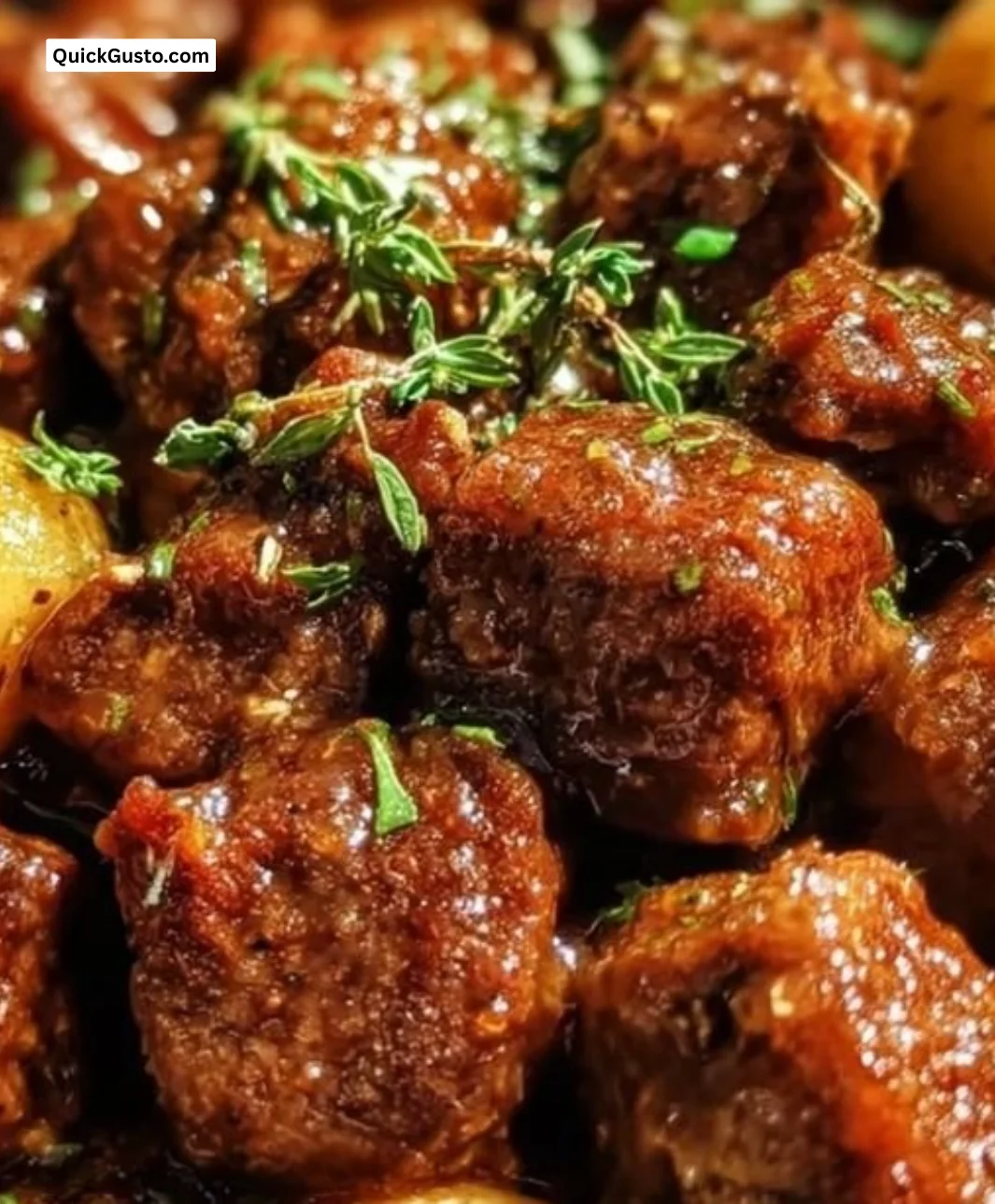 Slow Cooker Garlic Butter Beef Bites served with flavorful potatoes